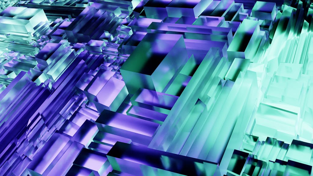 Innovative 3D abstract geometric shapes in vibrant purple and green tones, showcasing modern design and technology.